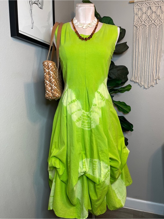Advance Apparels Dresses & Skirts - Artsy Boho Lagenlook French Bustle 100% Cotton Midi Dress Lime Green Tie Dye